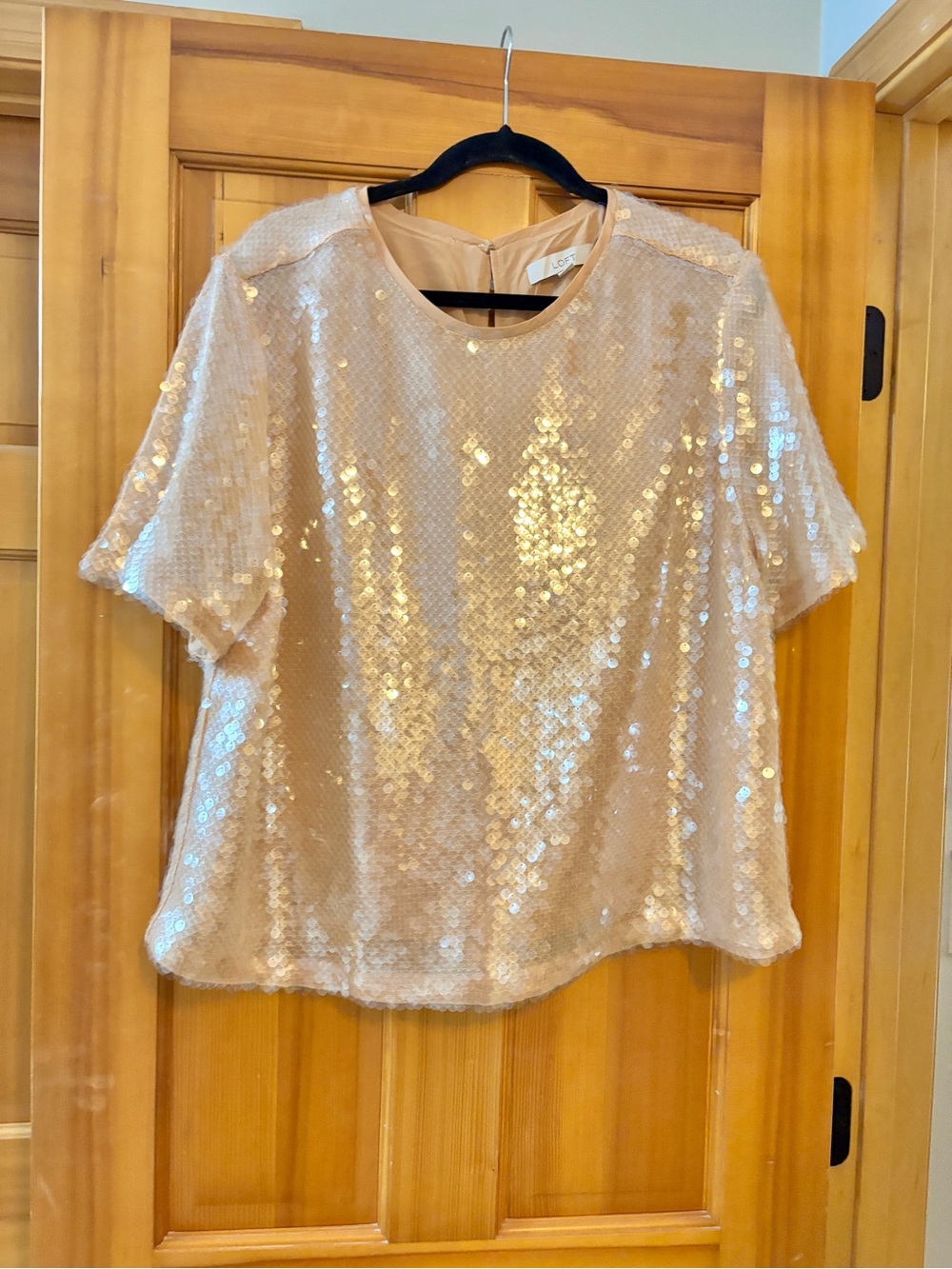 LOFT Champagne Gold Sequin Short Sleeve Blouse XXL NWOT